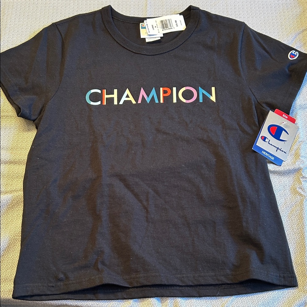 Champion Kids Multicolor Logo Black Tee - NWT